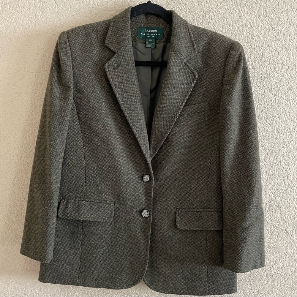 LAUREN Ralph Lauren OLIVE GREEN LAMBWOOL TWEED EQUESTRIAN BLAZER JACKET.